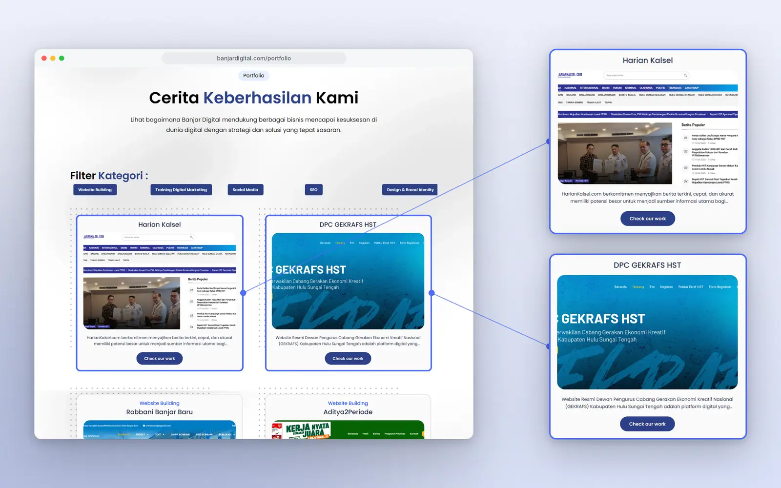 Portfolio page with a category filter and project cards, two of them zoomed in