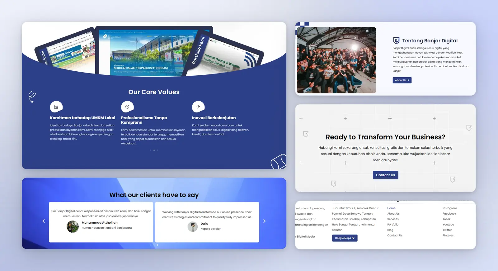 Collage of homepage sections: core values, client testimonials, about the agency and a call to action