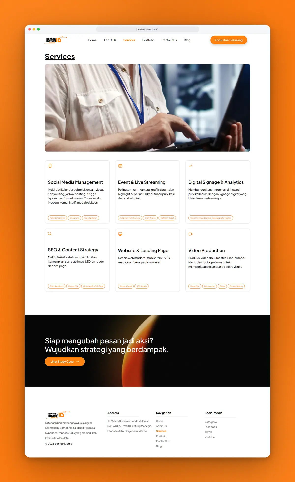 Full services page with six service cards and a call to action
