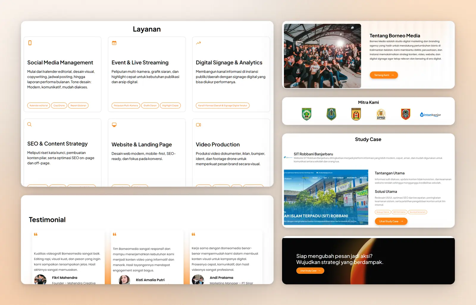 Collage of homepage sections: services, testimonials, partner logos and the SIT Robbani case study