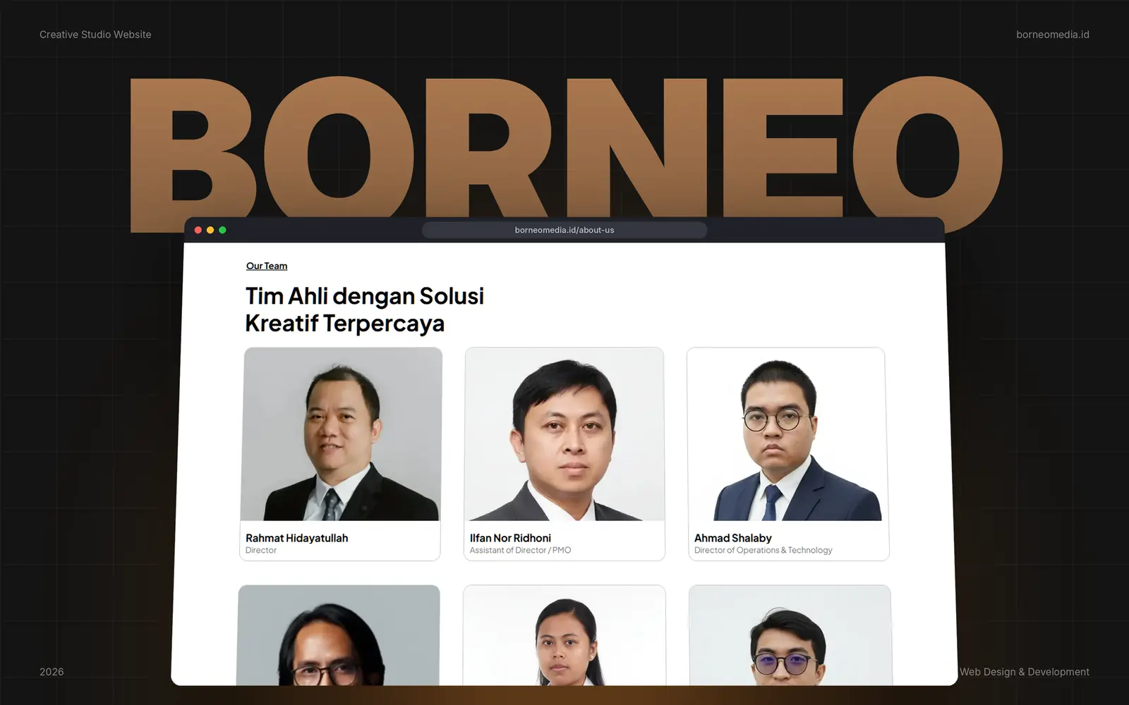 Team section with photos, names and roles of the studio's team members