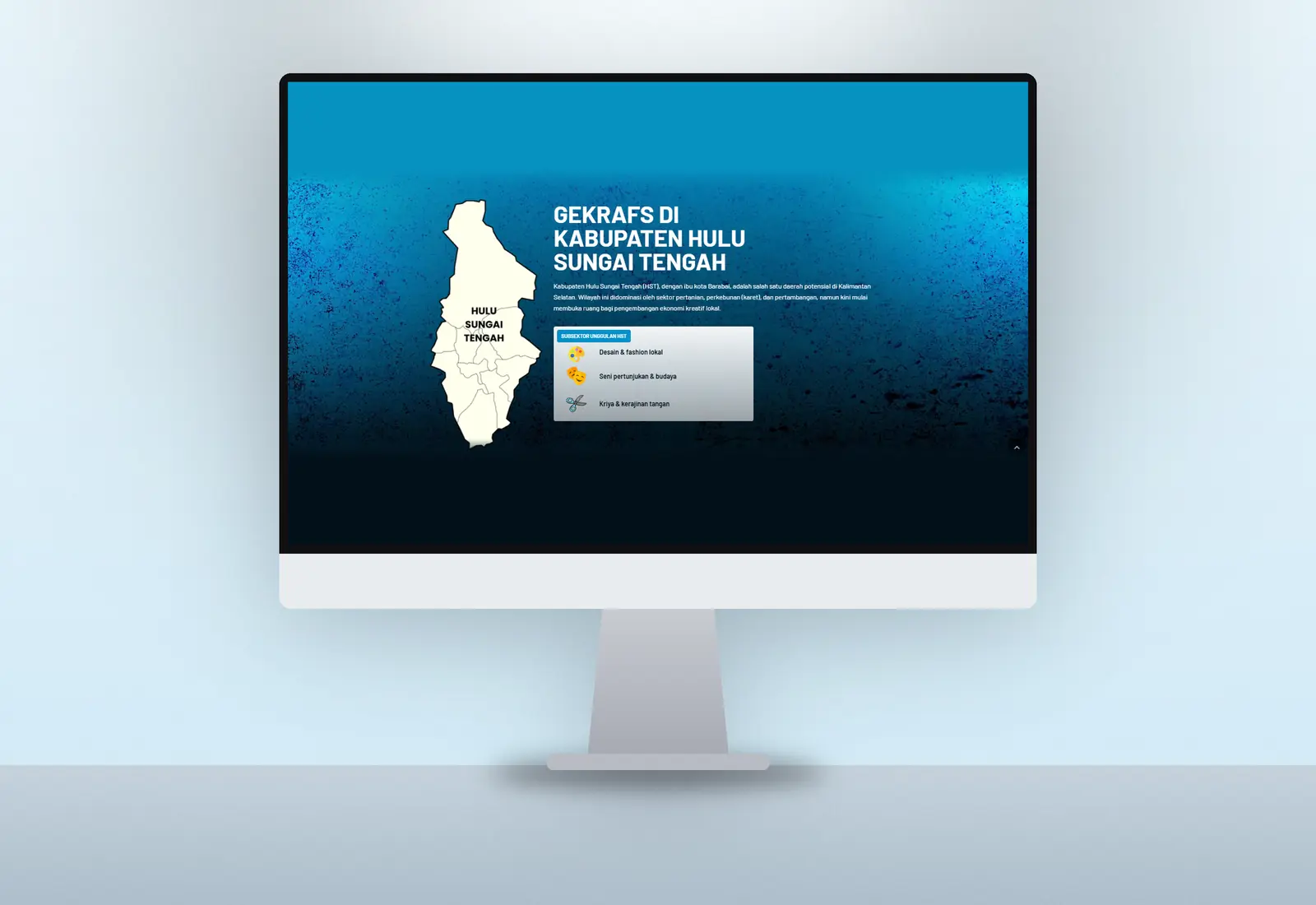 Mockup desktop bagian profil daerah dengan peta Hulu Sungai Tengah