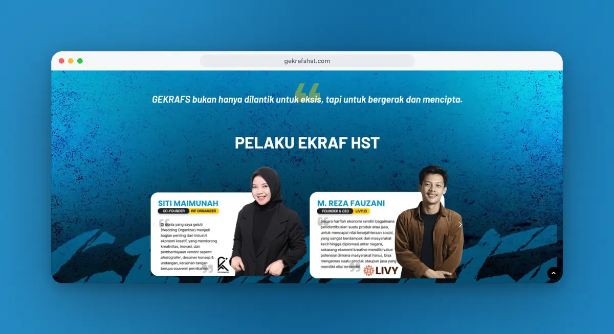 Bagian pelaku ekraf lokal berisi kartu profil dua pelaku kreatif